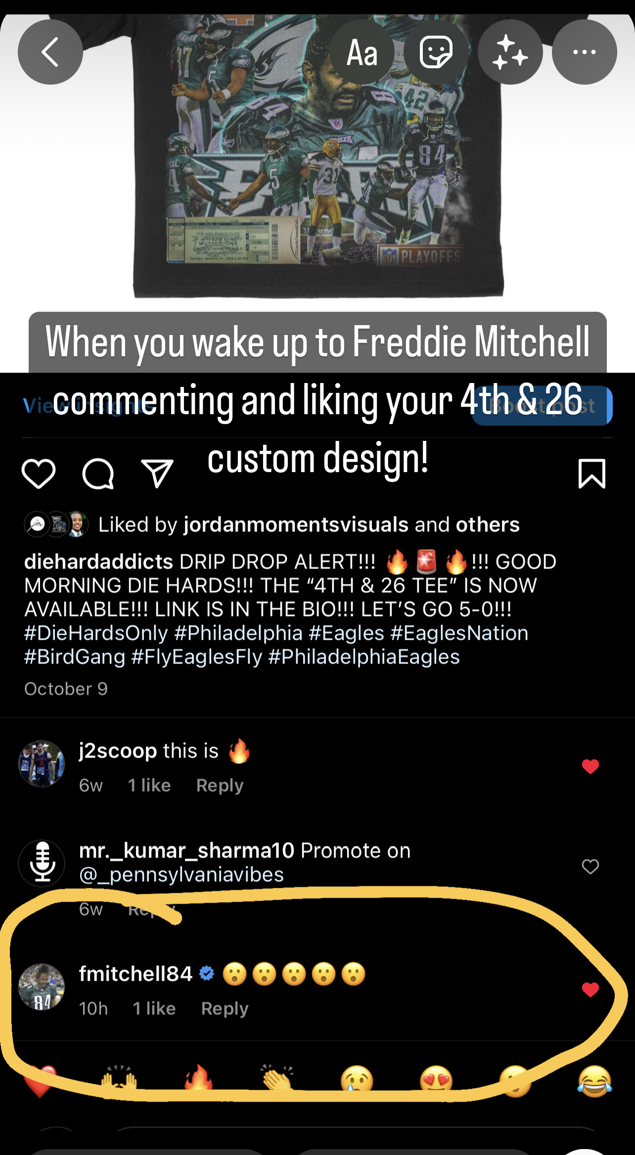 Die Hard Addicts 4th & 26 drop post with Freddie Mitchell commenting and liking it on Instagram